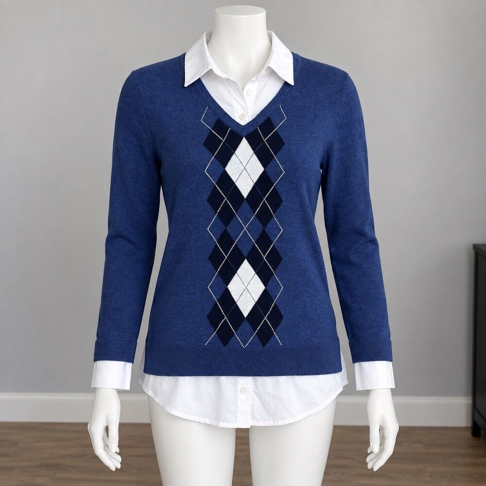 Tommy Hilfiger Womens L Blue Argyle 2 in 1 Layered V Neck Sweater Preppy stained